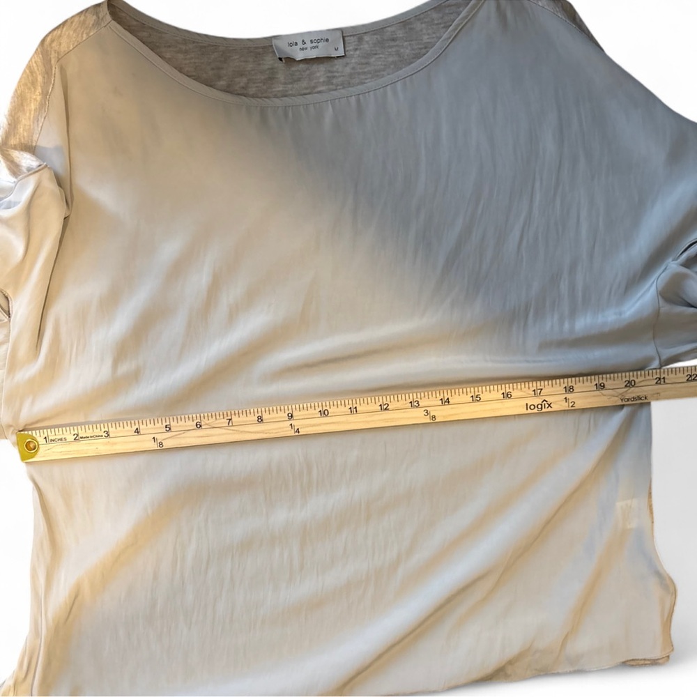 Lola & Sophie Light Gray & green Blouse with Tie Sleeves | quiet luxury $138 - Picture 7 of 7